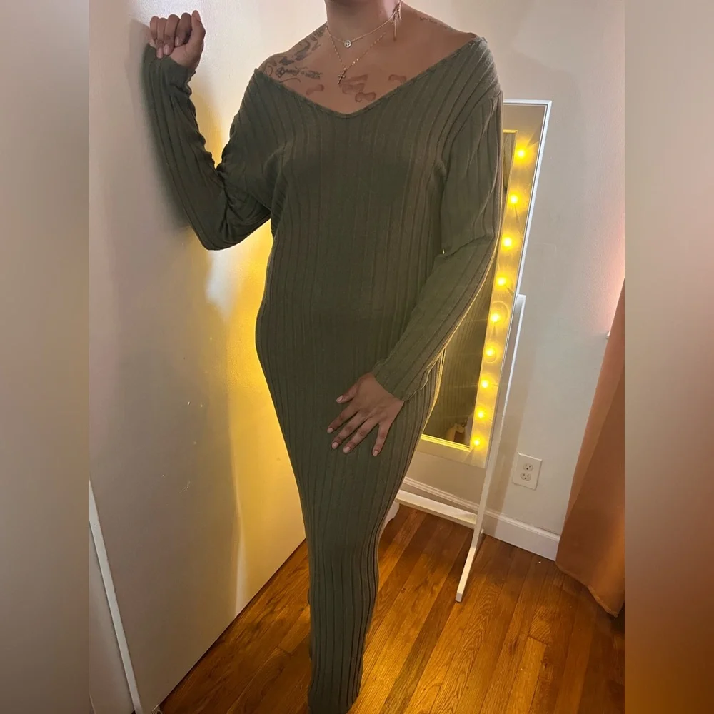 SHEIN NW/OT Olive Long Sleeve Ribbed Dress - Picture 1 of 7